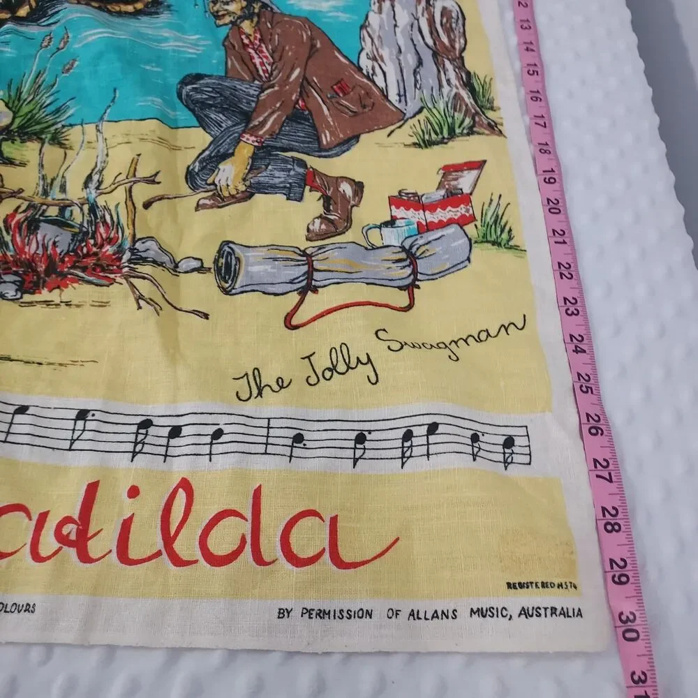 Vintage Linen Tea Towel Farmhouse Waltzing Matilda Kitchen Rag Australia Animals